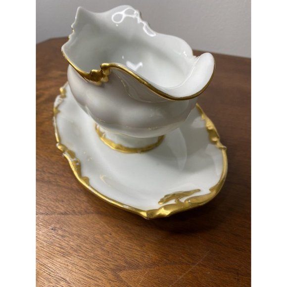 Limoges France Gravy Boat Dish Serving Bowl White Gold Scalloped Porcelain - Picture 6 of 11